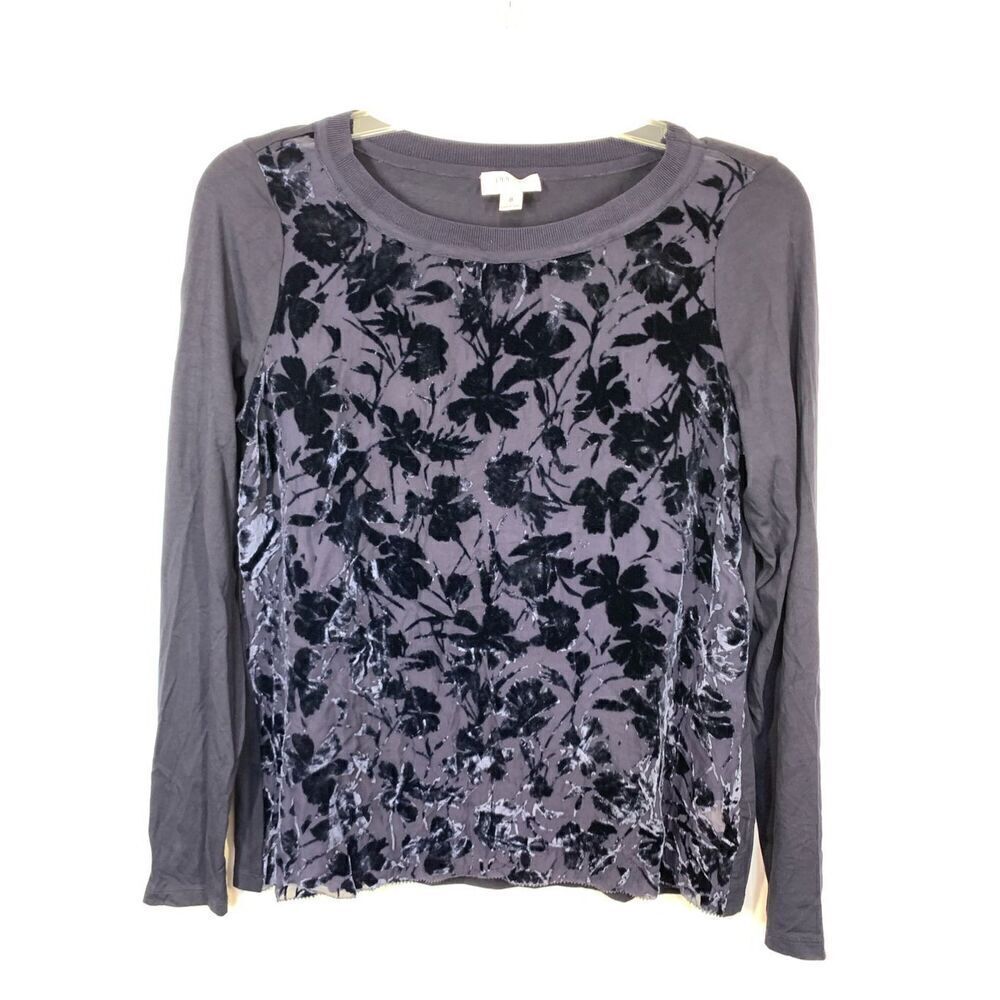 Perse Women’s Silk Blend Crew Neck Floral Velvet Long Sleeve Top Navy Size 8